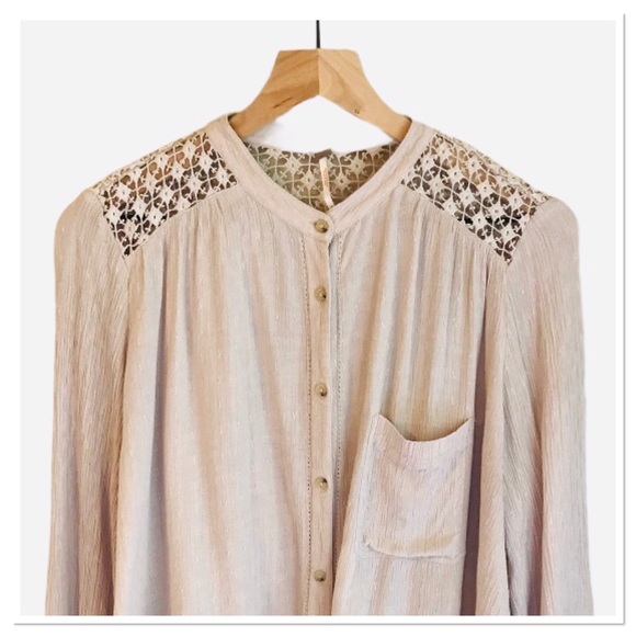 Free People The Best Blouse Top Beige Color See Through Crochet Back Size M - Picture 4 of 7